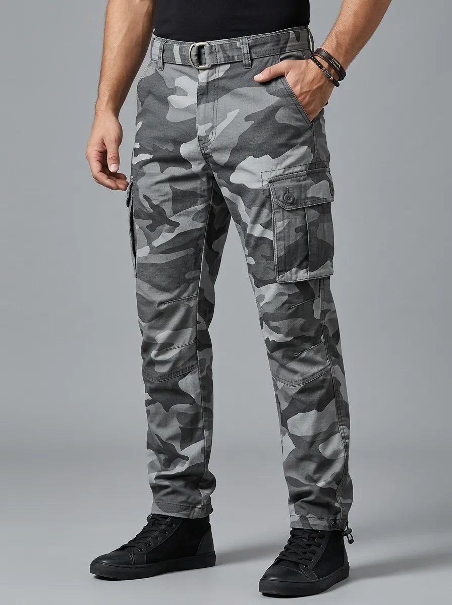 Men's Military Tactical Grey Camouflage Printed Cargo Pants