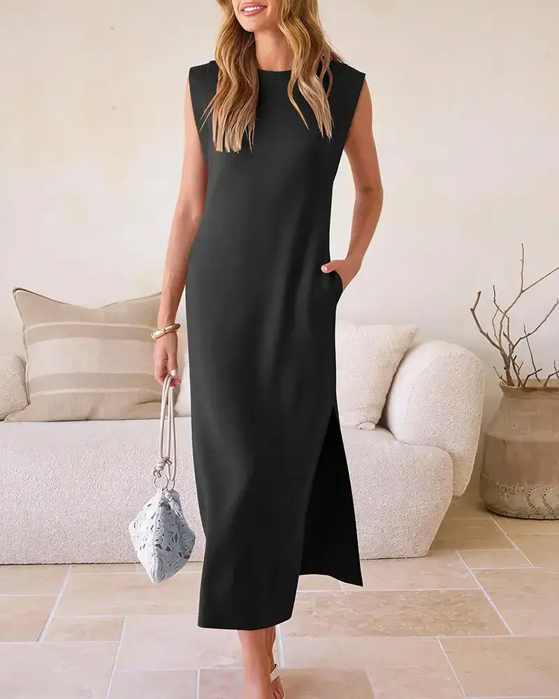 Casual Sleeveless Split Maxi Dress With Pockets