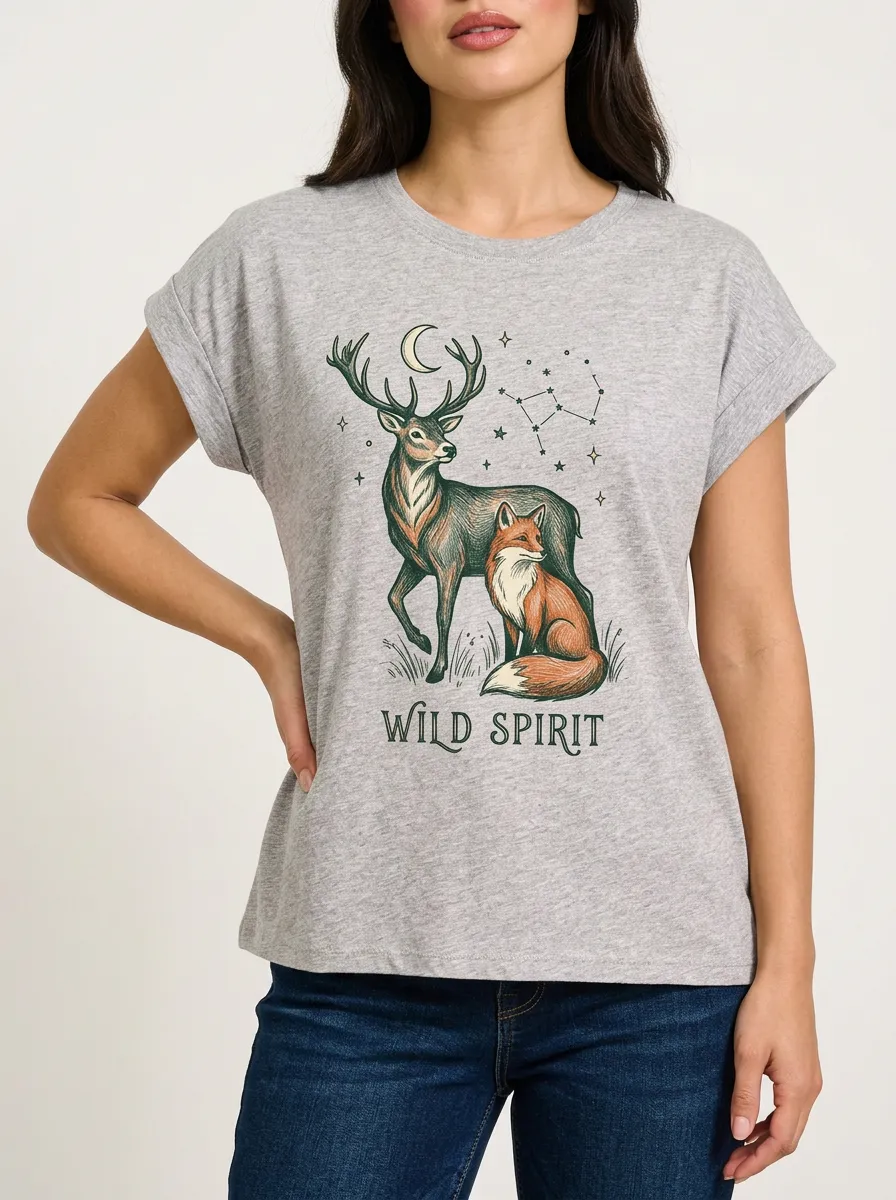 Women's Nature Wild Spirit Deer Fox Constellation Graphic T-Shirt