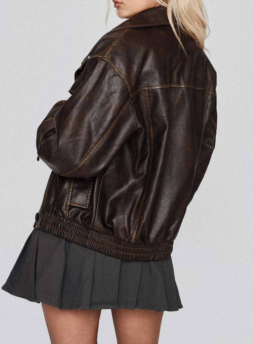 Faux Leather Jacket Vintage Washed Brown