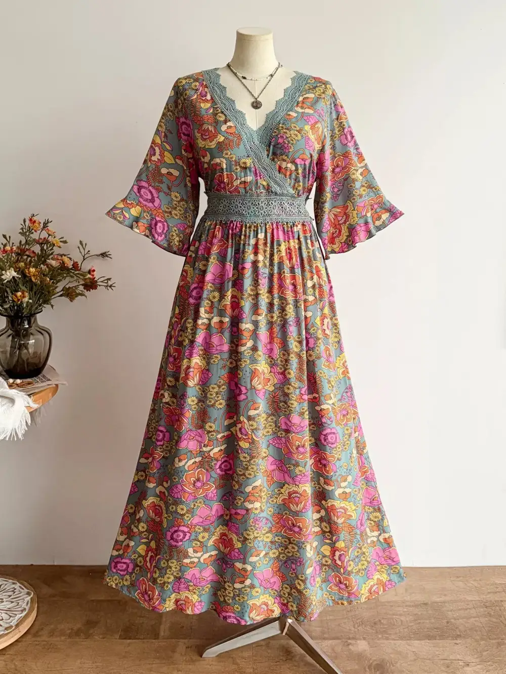 Floral Print Surplice Lace Trim Dress