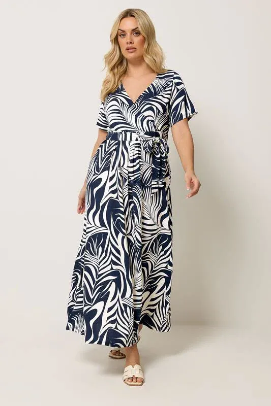 Blue Leaf Print Wrap Front Dress