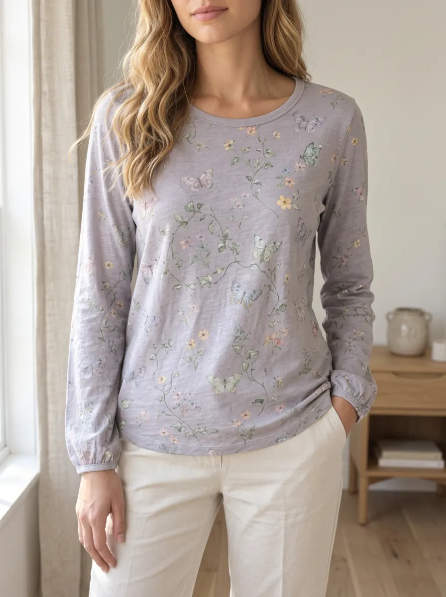 Women's Feminine Casual Sweet Style Butterfly Floral Printed Long Sleeve T-shirt