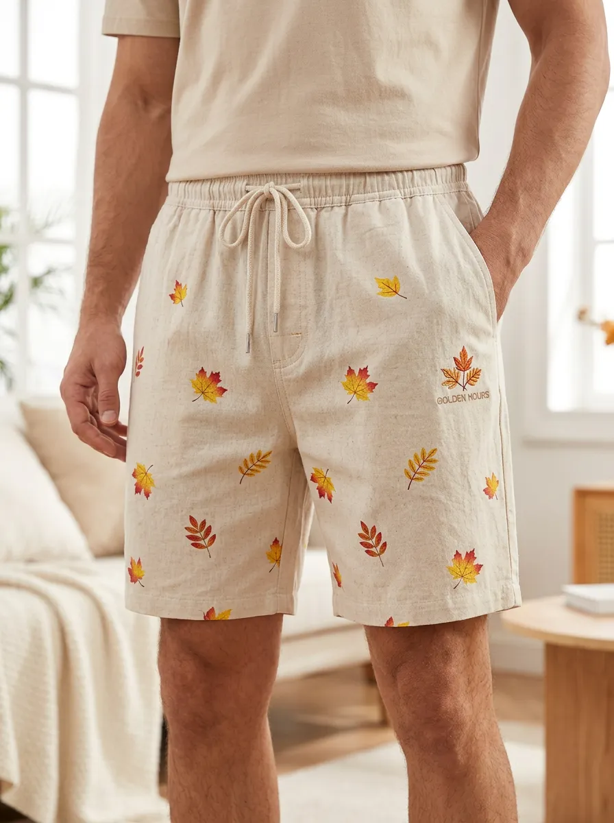 Maple Leaf Print Drawstring Tones Shorts