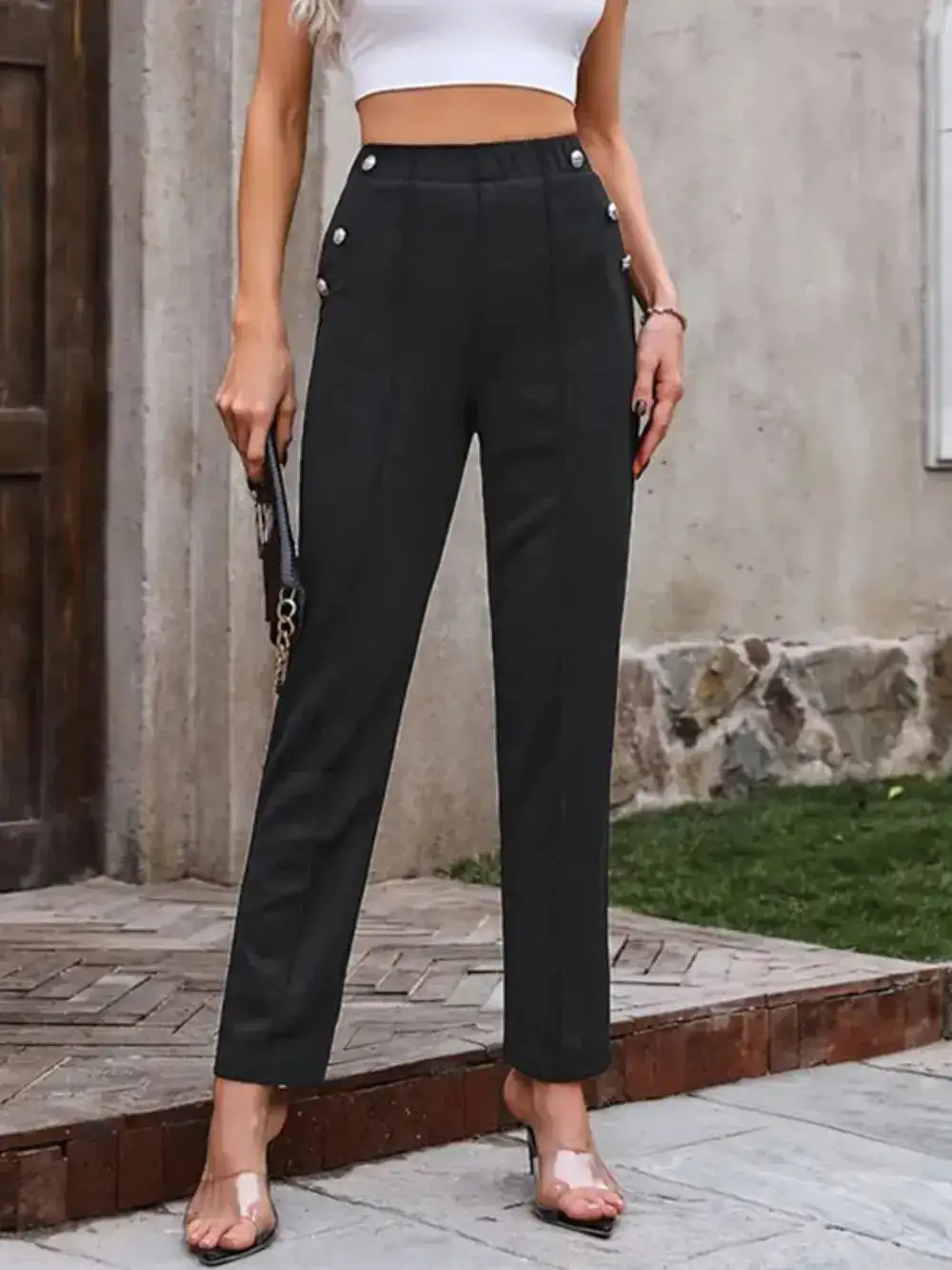 Elastic Waist Button Detail Casual Everyday Pants