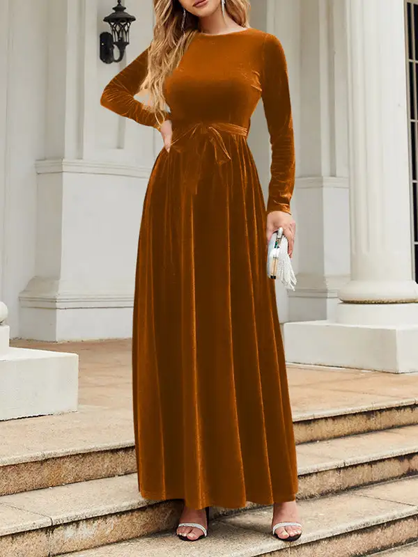 Pleated Wrap Belted Long Neck Maxi Dress