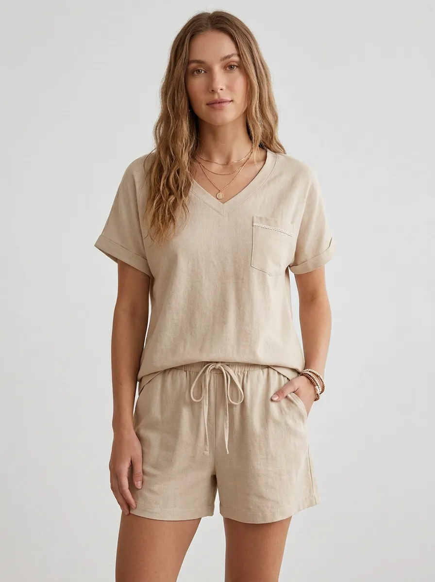 Short-Sleeve Pocket Lace-Detail Women's V-Neck Shirt