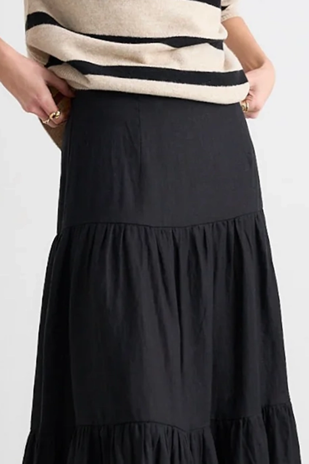 Black Tiered Linen Midi Skirt