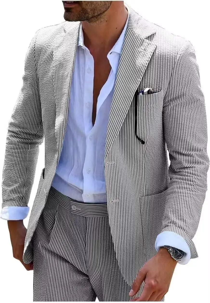 🔥Men's 2-Piece Seersucker Suits Classic Jacket & Trousers