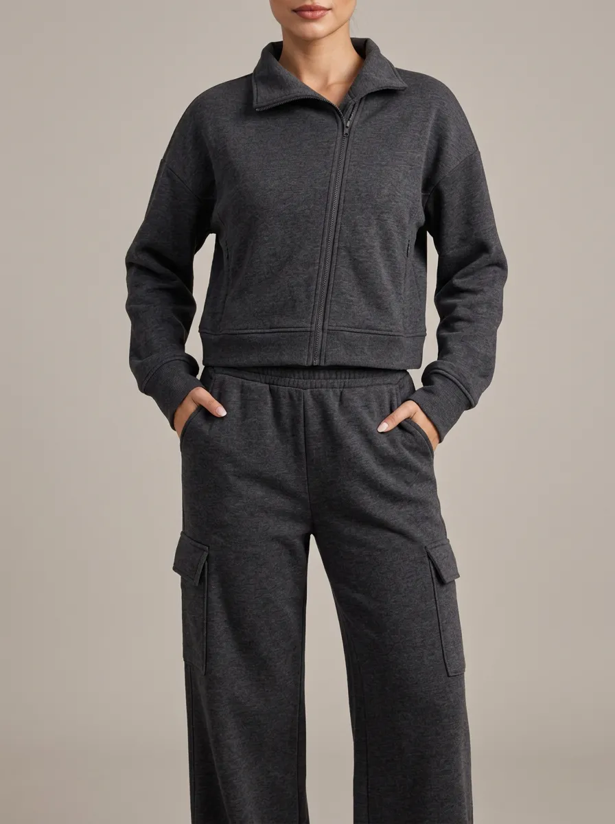 Women's Long Sleeve Tracksuit Set with Zip Front Cropped Relaxed Fit Styling
