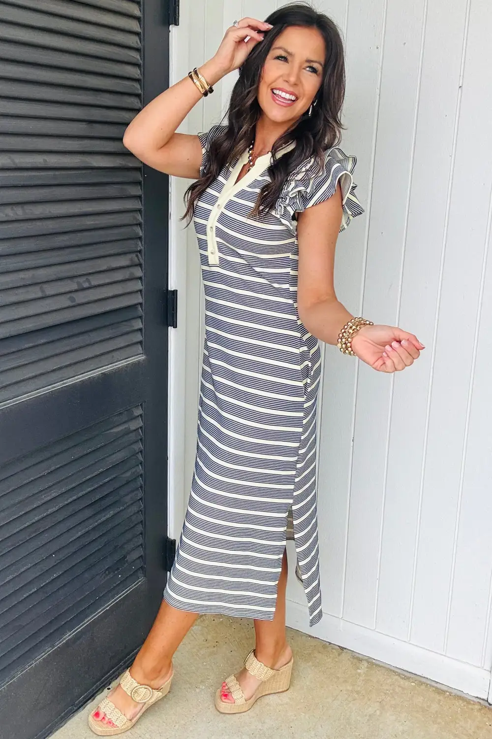 Striped Split Neck Ruffle Midi Dress