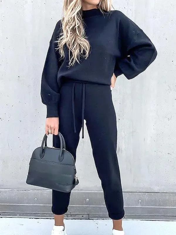 High Collar Casual Solid Color Trousers Two Piece Set