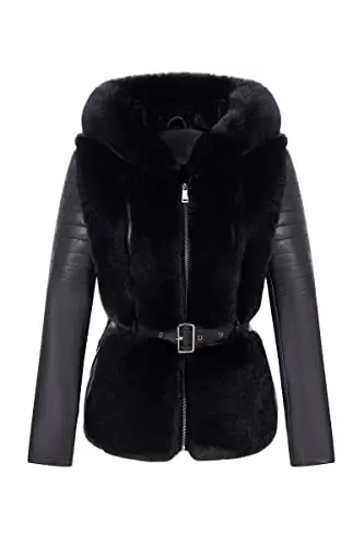 Women Faux Leather Jacket Short Belted Fall Winter Fashion Warm Casual Moto Biker Coat Shaggy Fur Hooded Outwear