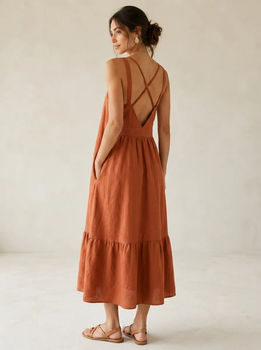 Women's Unstructured Casual Cross-Back Linen Backless Dress