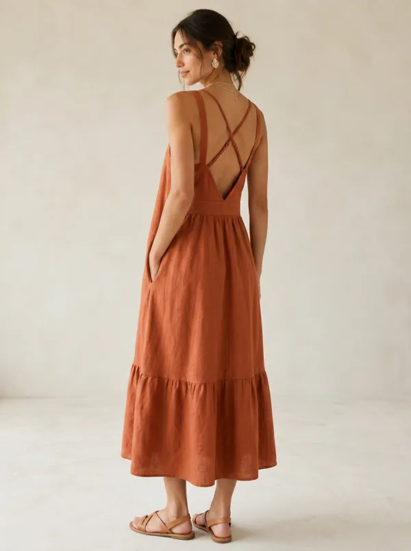Women's Unstructured Casual Cross-Back Linen Backless Dress