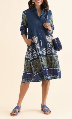 Knee-Length Floral Cotton Tiered Button-Front Pocket Collared Dress