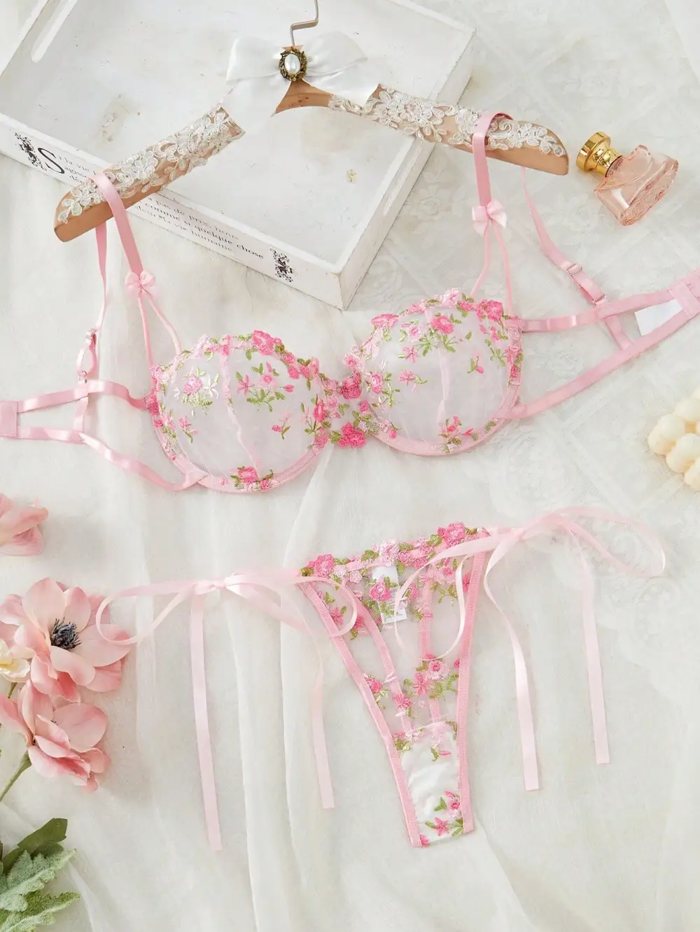 Floral Embroidered Demi Bra And Thong Set
