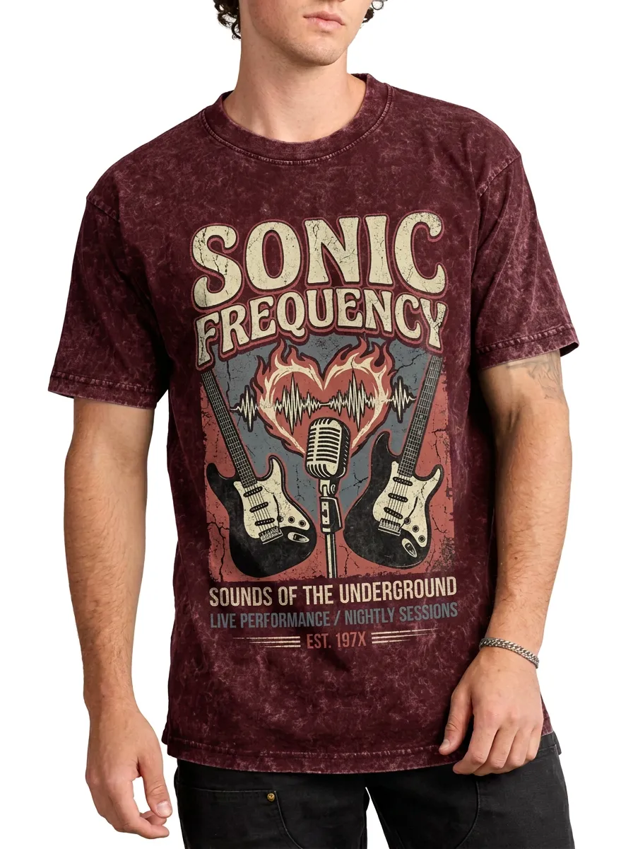 Men's Rock Music Lover Sonic Frequency Guitar Microphone Printed T-shirt