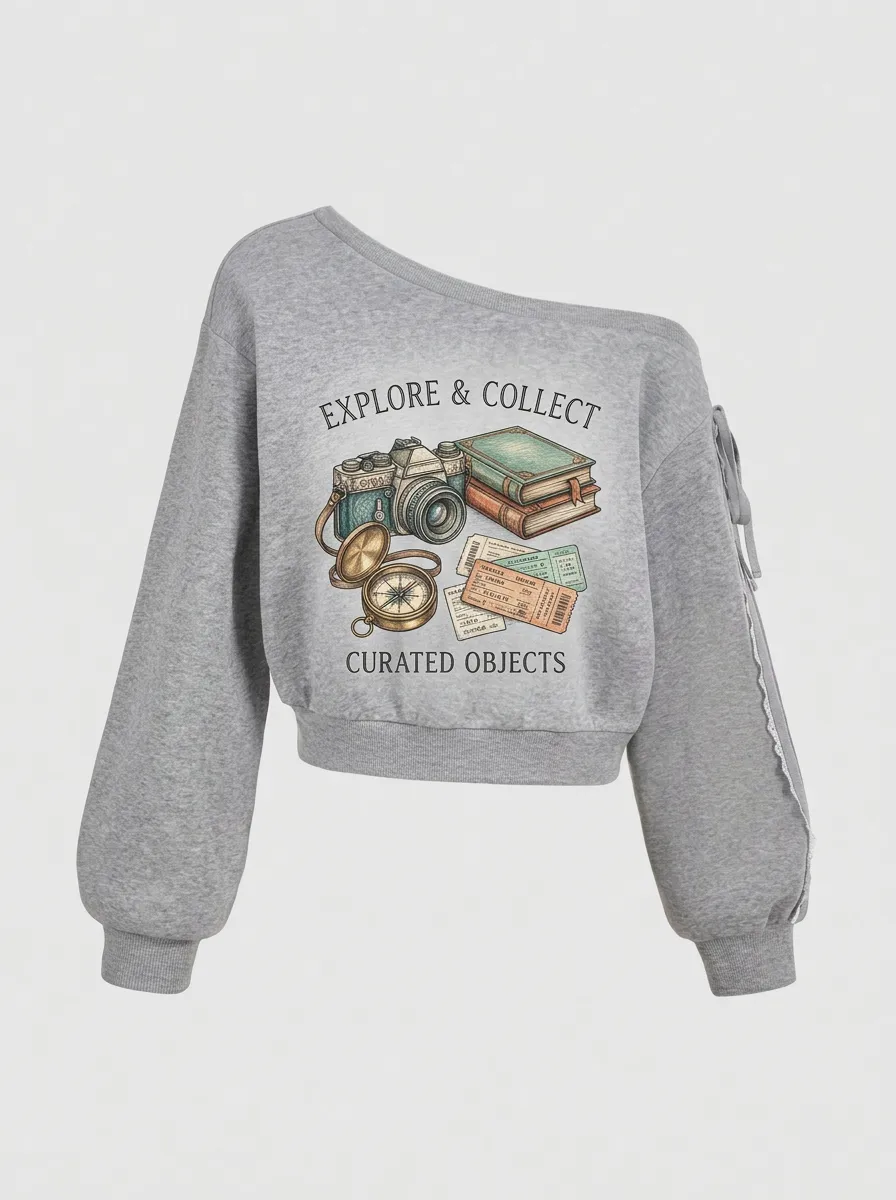 Women's Travel Enthusiast Camera Compass Printed Off-Shoulder Sweatshirt