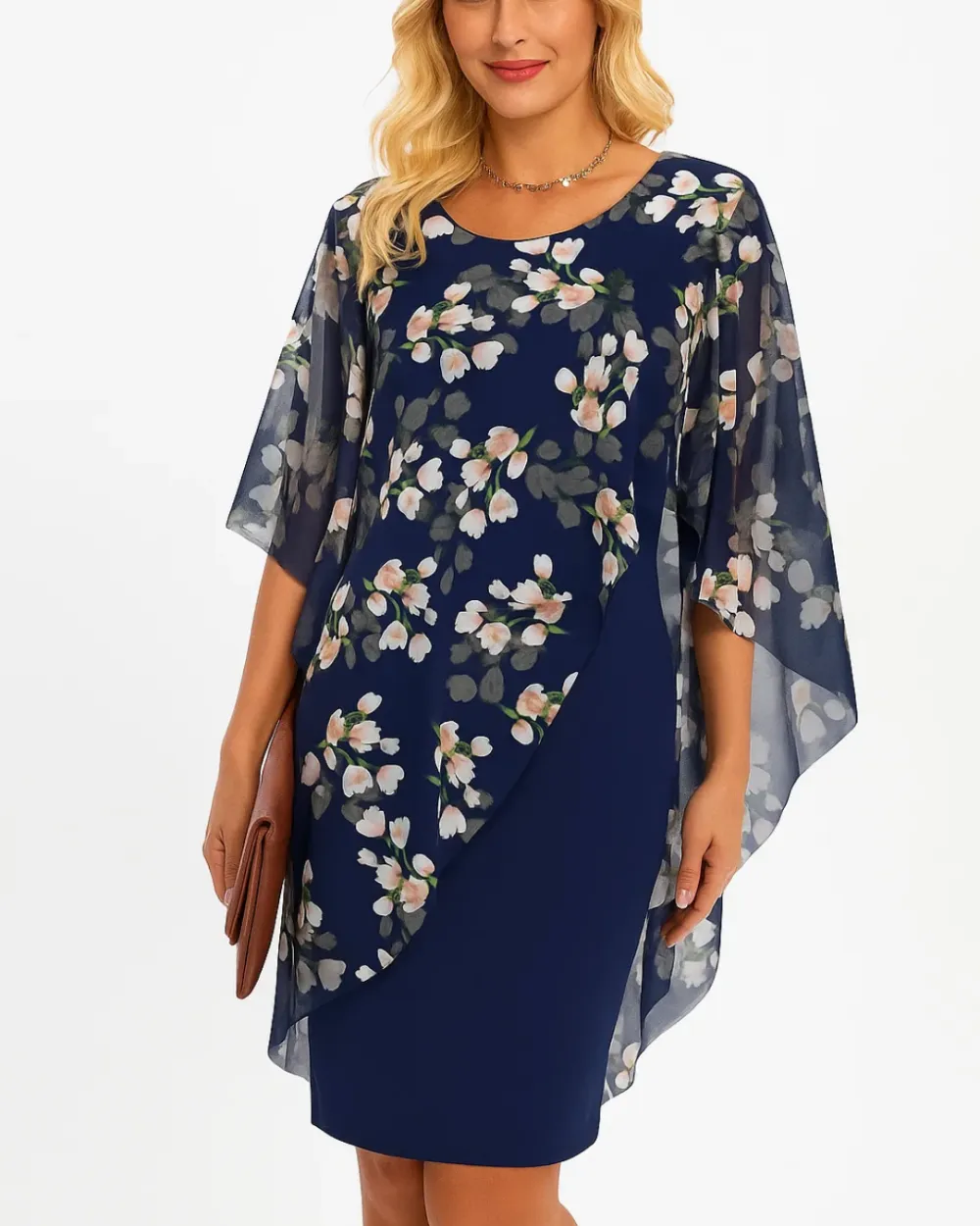 Floral Overlay Midi Dress  Layered Design