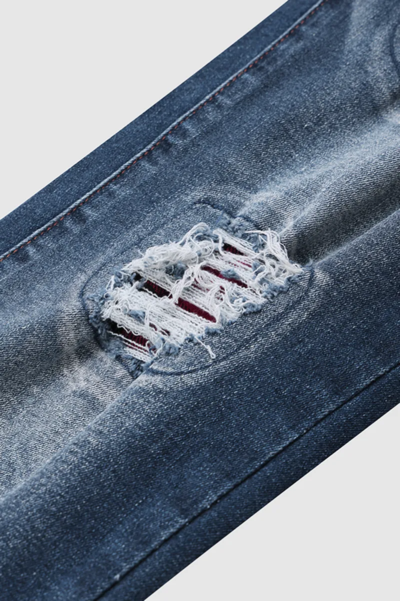 Plaid Panel Patched Mid Rise Skinny Jeans