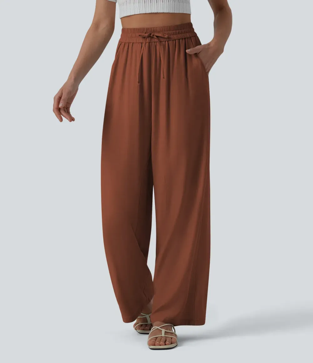 2026🔥High Waisted Drawstring Wide Leg Casual Linen-Blend Trousers with Pockets