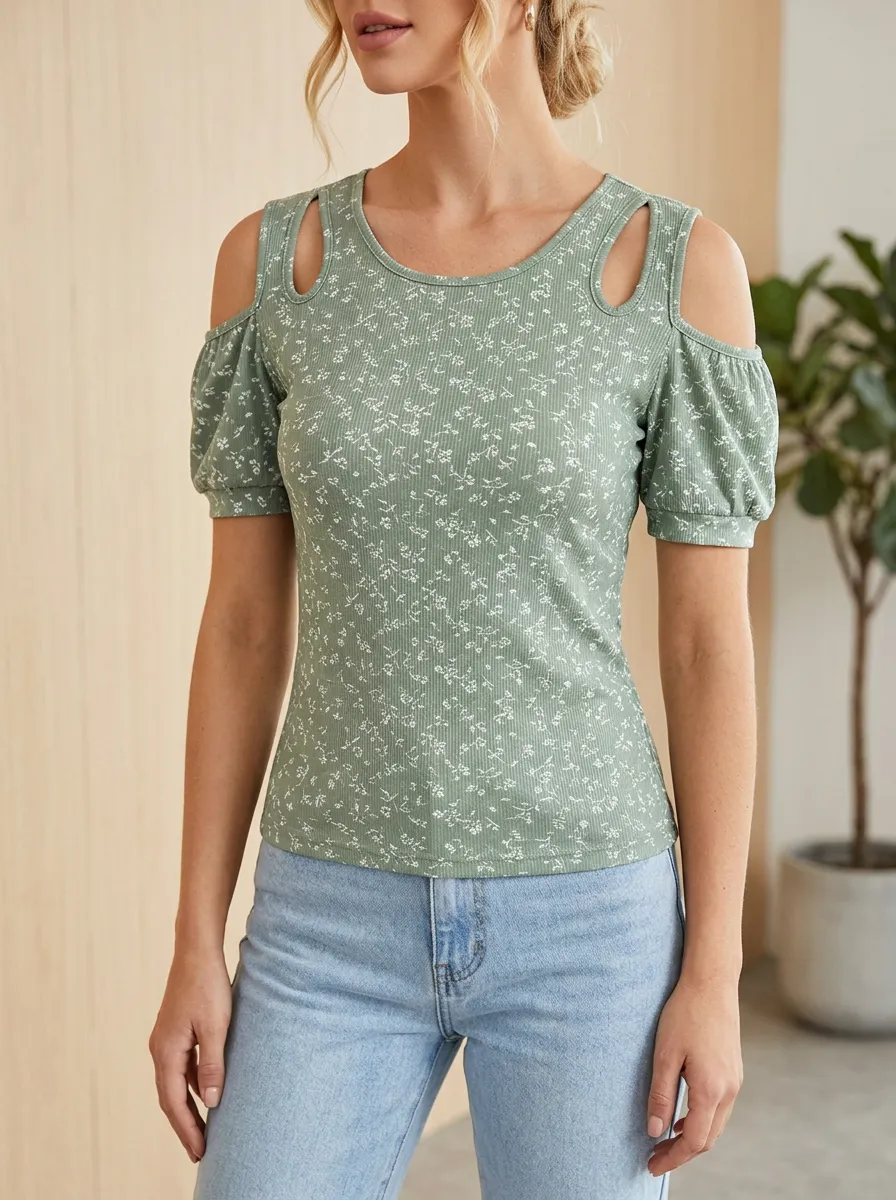 Women's Floral Pattern Sage Green Cold Shoulder Printed Top
