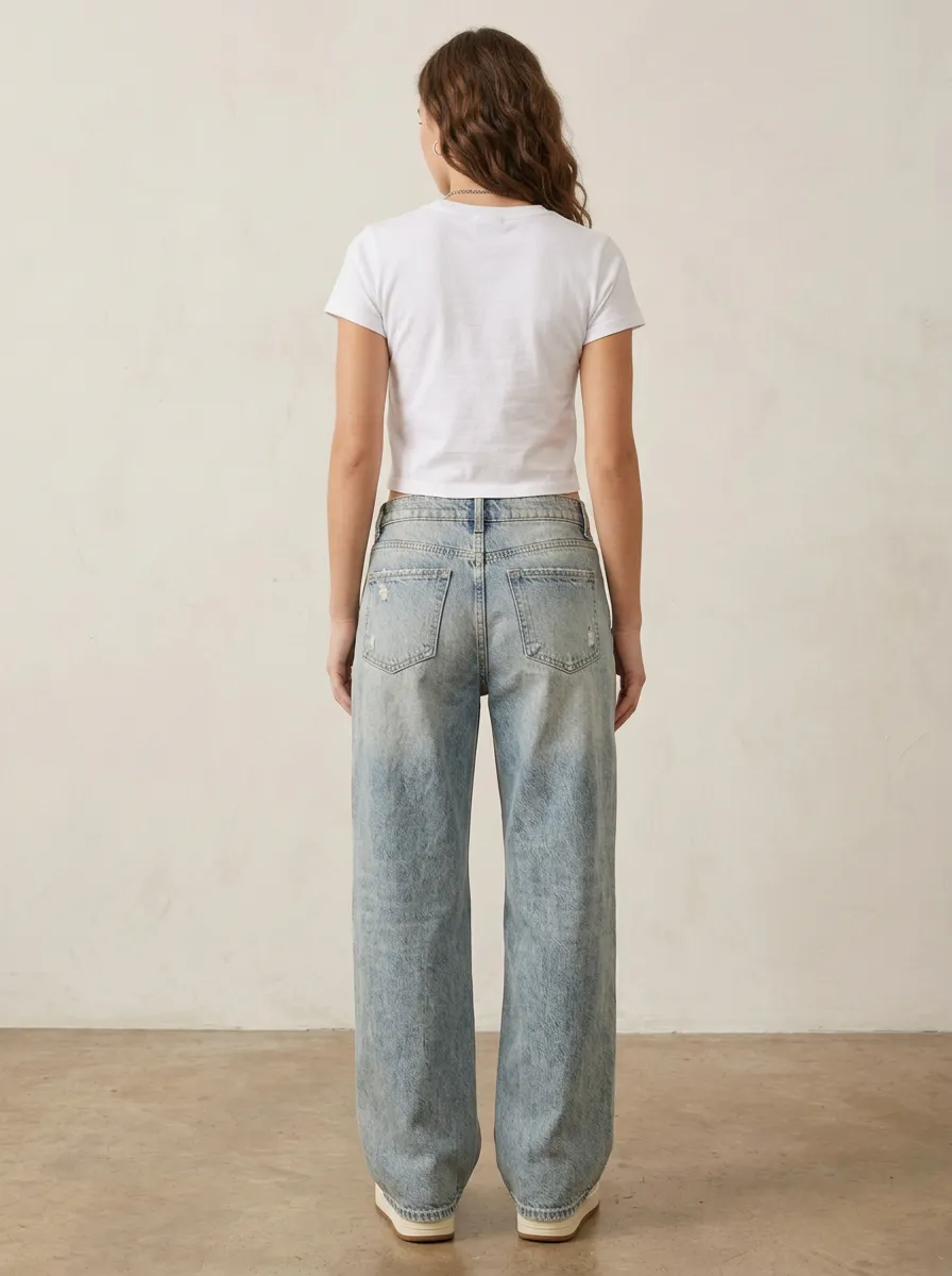 Women's Modern Casual Distressed Wide Leg Denim Baggy Jeans
