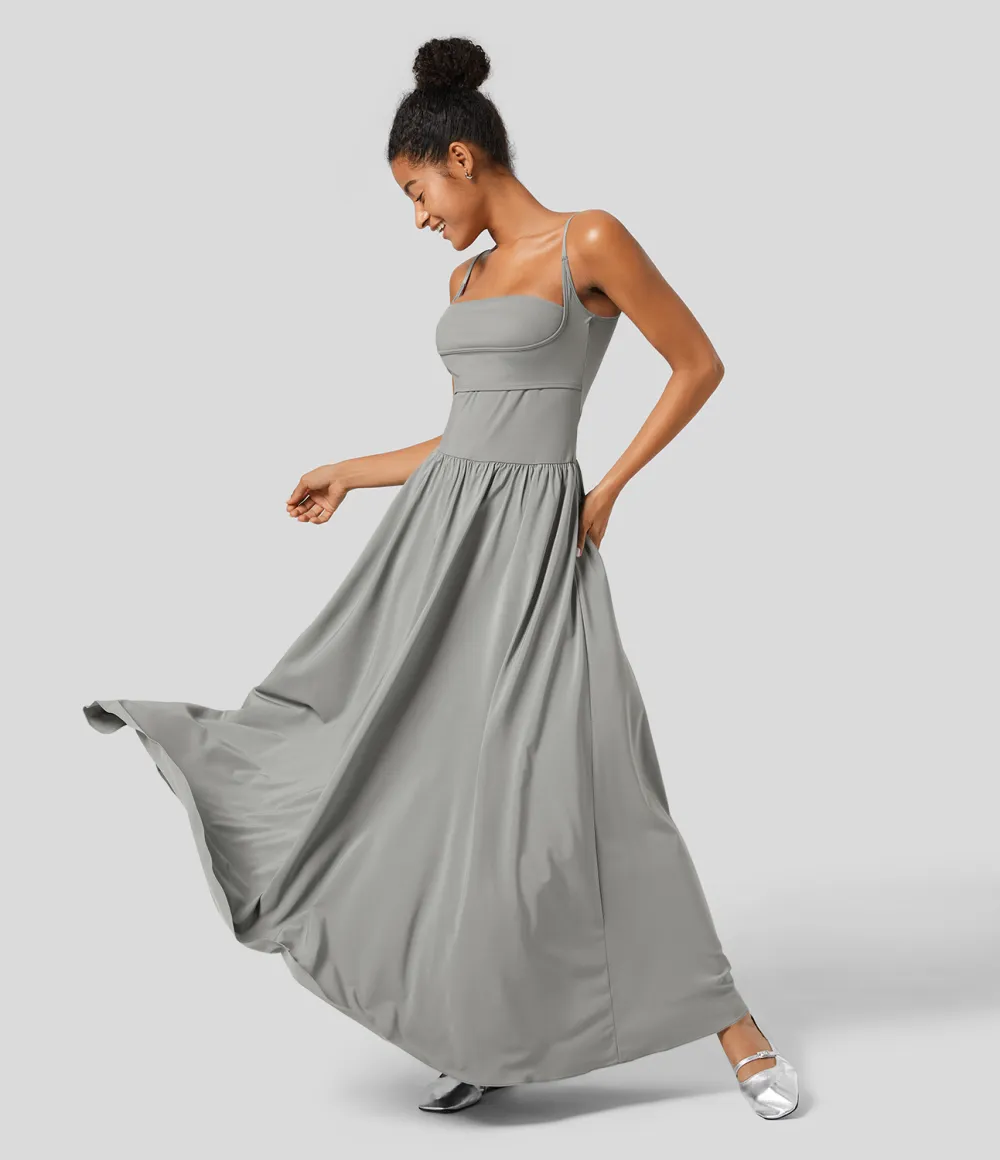 Breezeful Backless Side Pocket Plicated Flowy Flare Maxi Quick Dry Casual Slip Dress