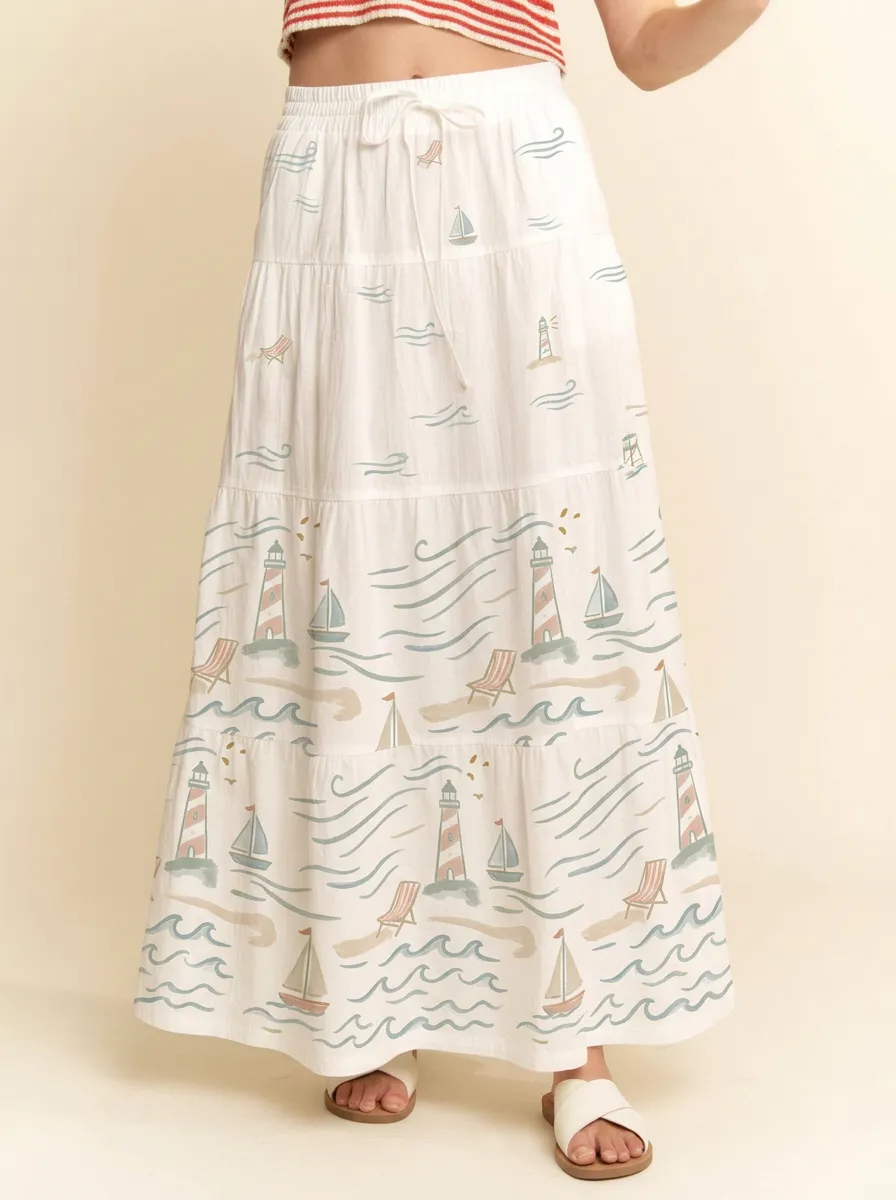 Women's Coastal Lighthouse Sailboat Graphic Maxi Skirt