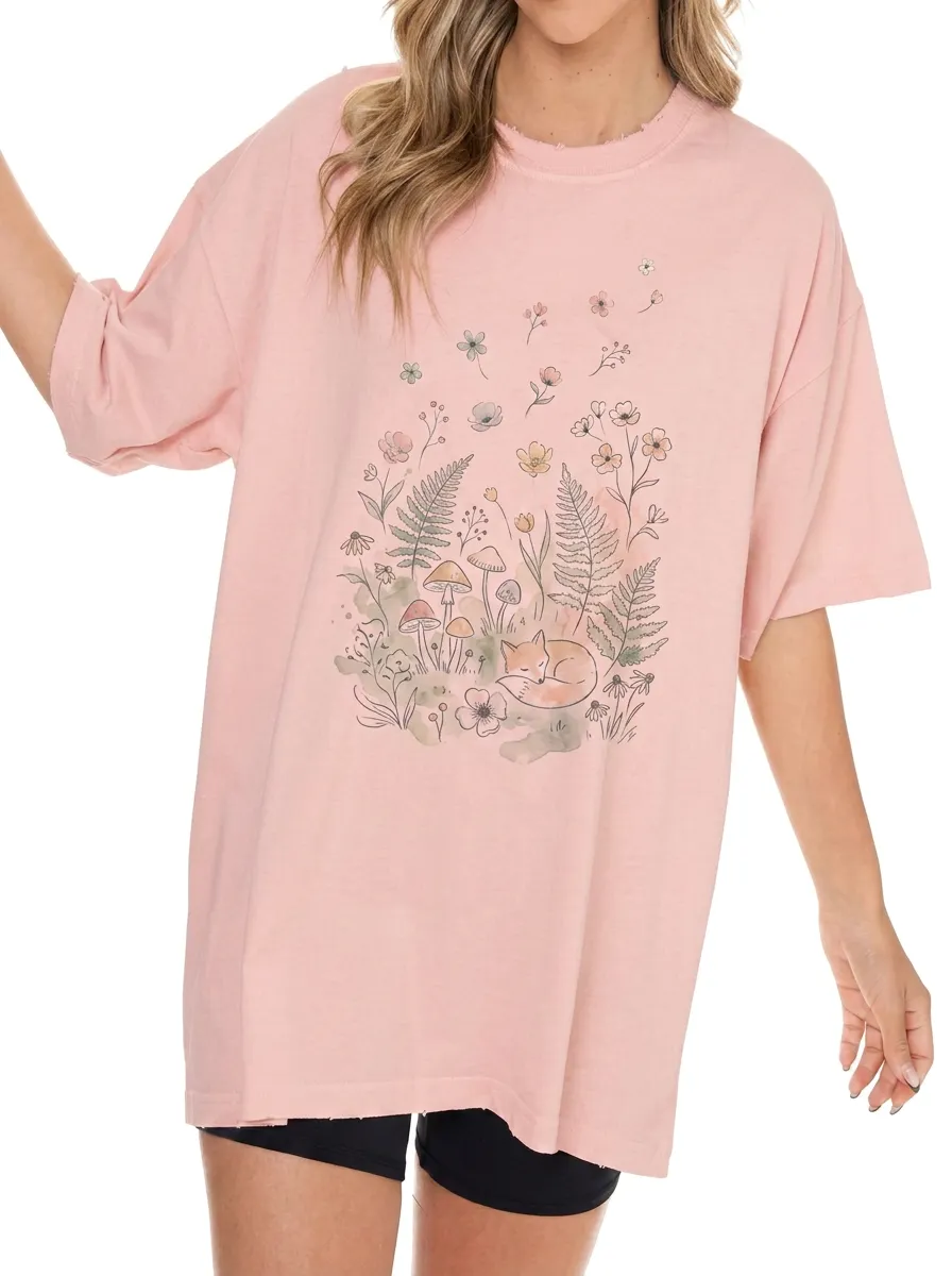 Women's Nature Lover Sleeping Fox Mushroom Floral Printed T-shirt