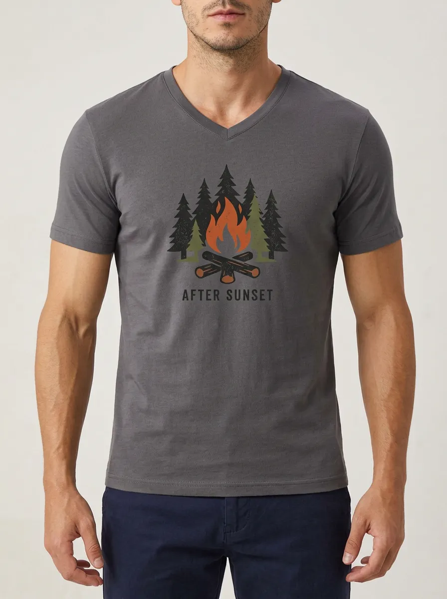 Men's Camping Lover After Sunset Campfire Forest Printed V-neck T-shirt