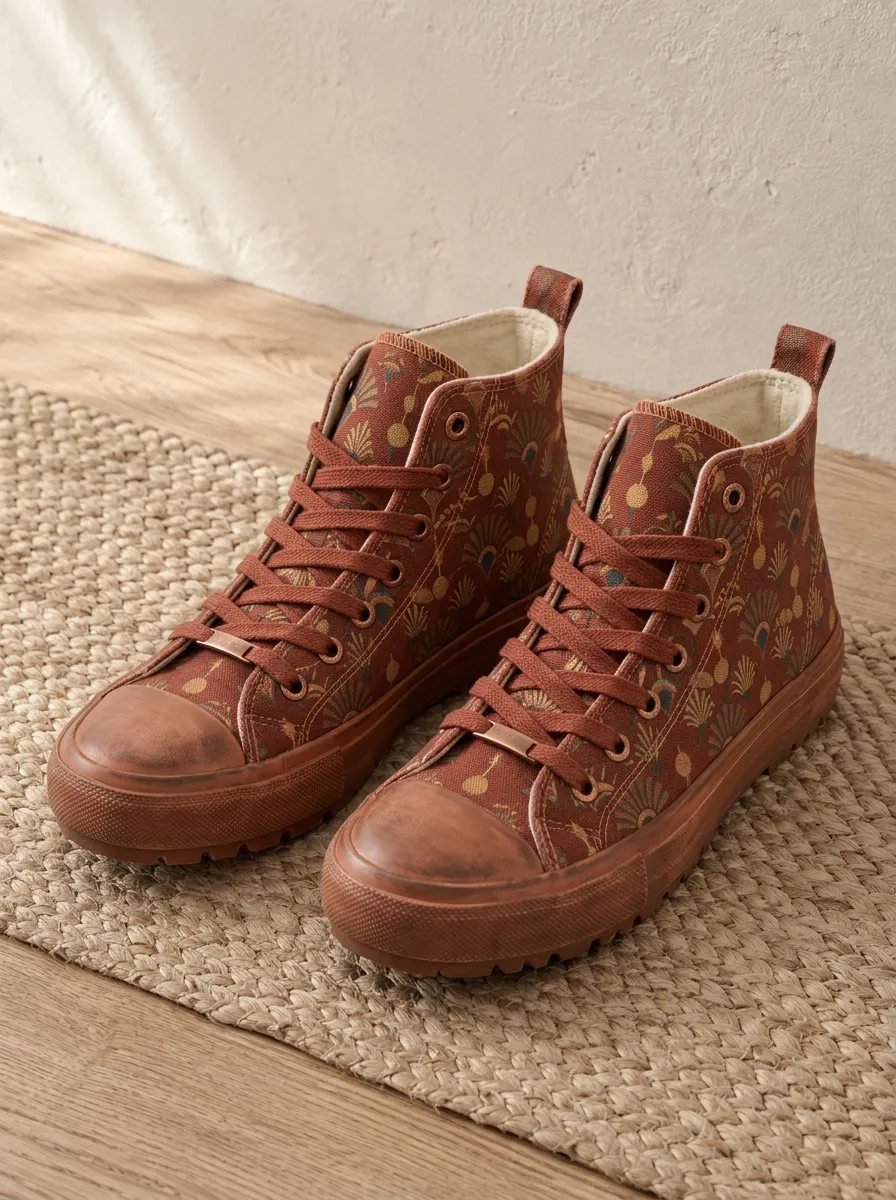 Women's Boho Fan Pattern Rust Brown Printed Canvas Shoes