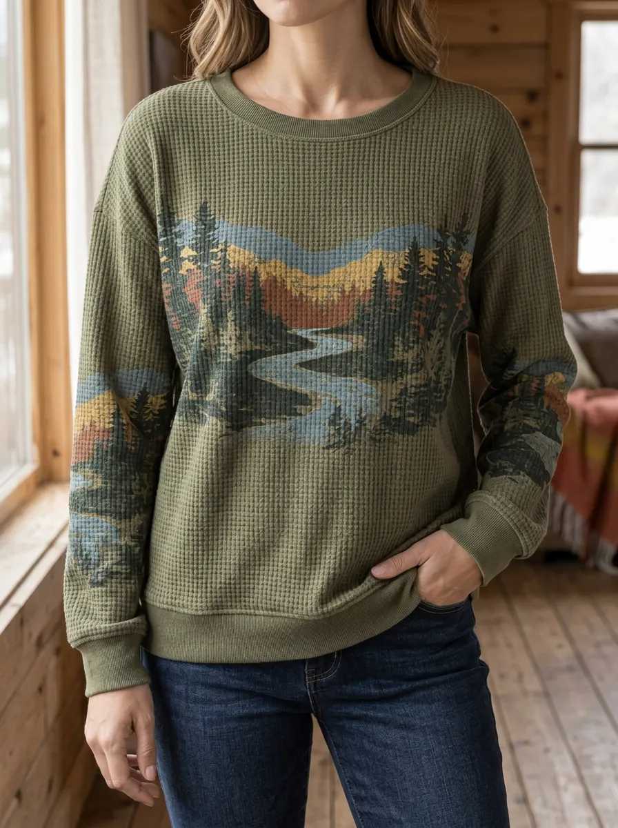 Women's Nature Landscape River Forest Printed Waffle Knit Sweatshirt