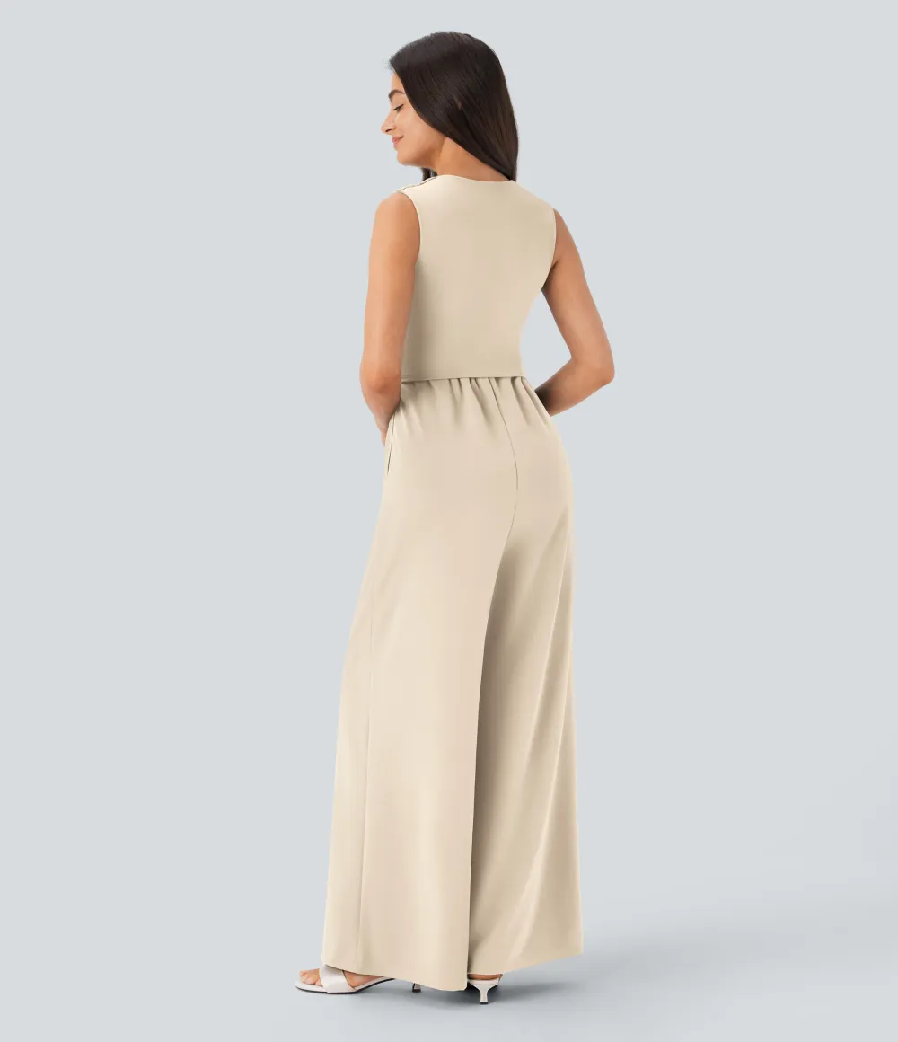 SculptKnit V Neck Sleeveless Ruched Pocket Jumpsuit-Easy Peezy