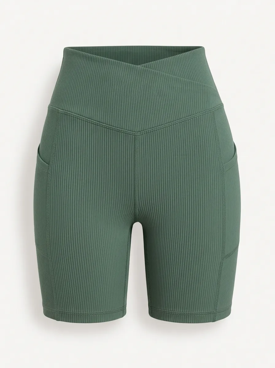 Women's Active Yoga Fitness Ribbed Crossover Pocket Biker Shorts