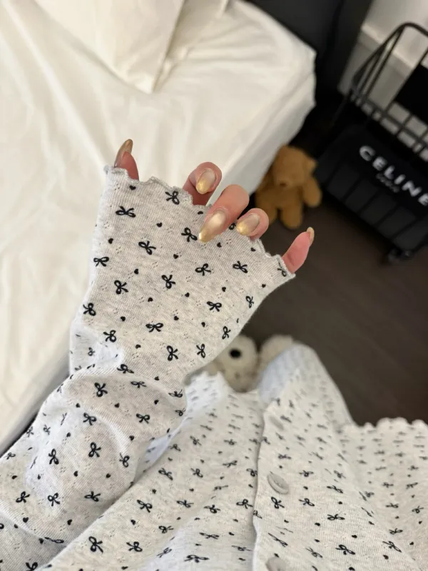 Bow Knot Print Lettuce-Edge Pajama Set