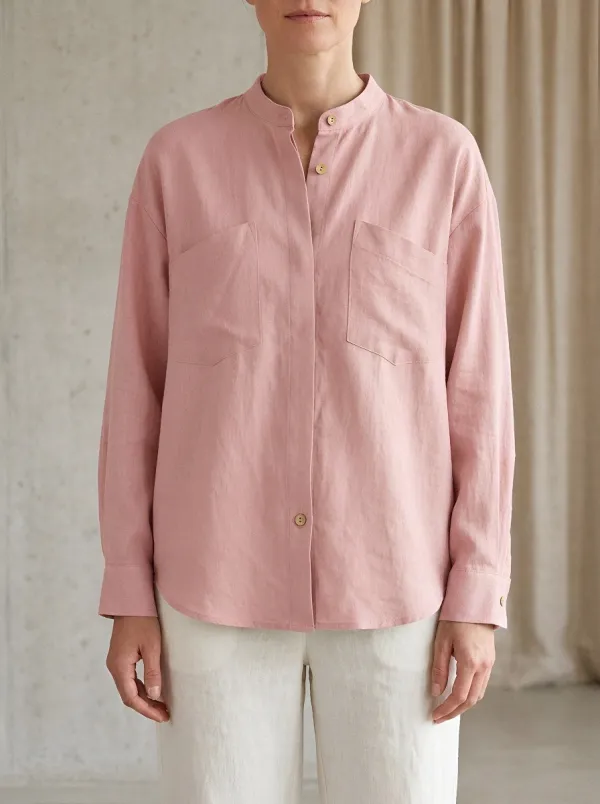 Women's Casual Sage Green Mandarin Collar Button-Down Linen Shirt