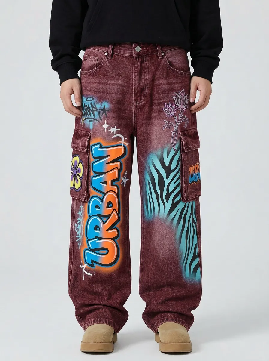 Men's Urban Graffiti Zebra Floral Graphic Cargo Jeans