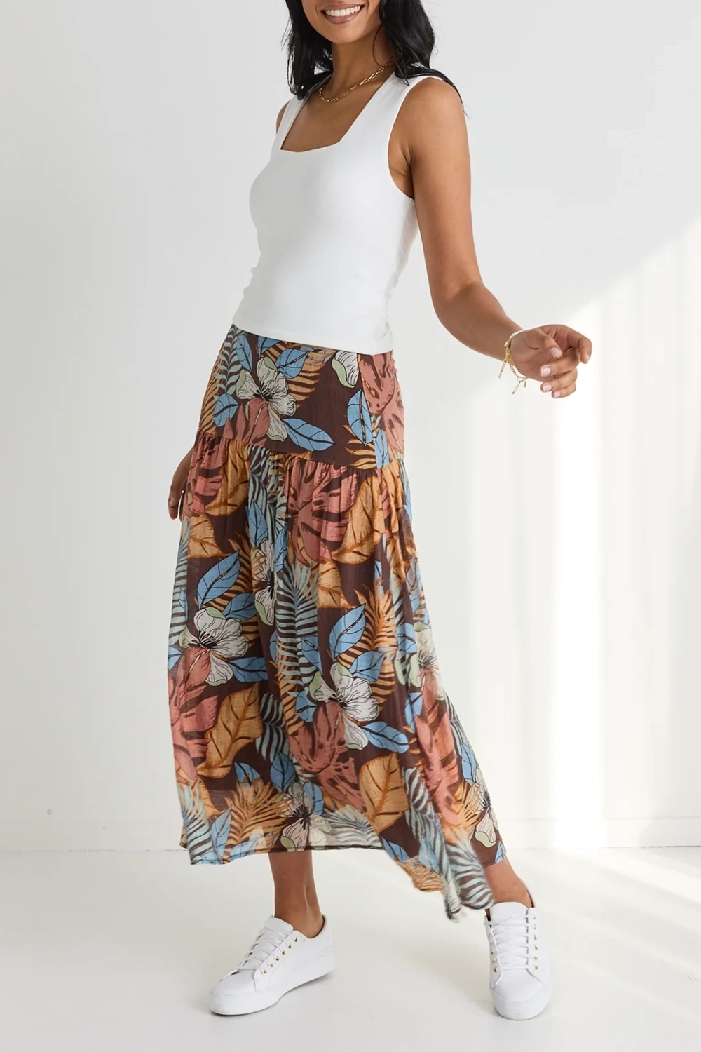 Floral Print Tiered Midi Skirt