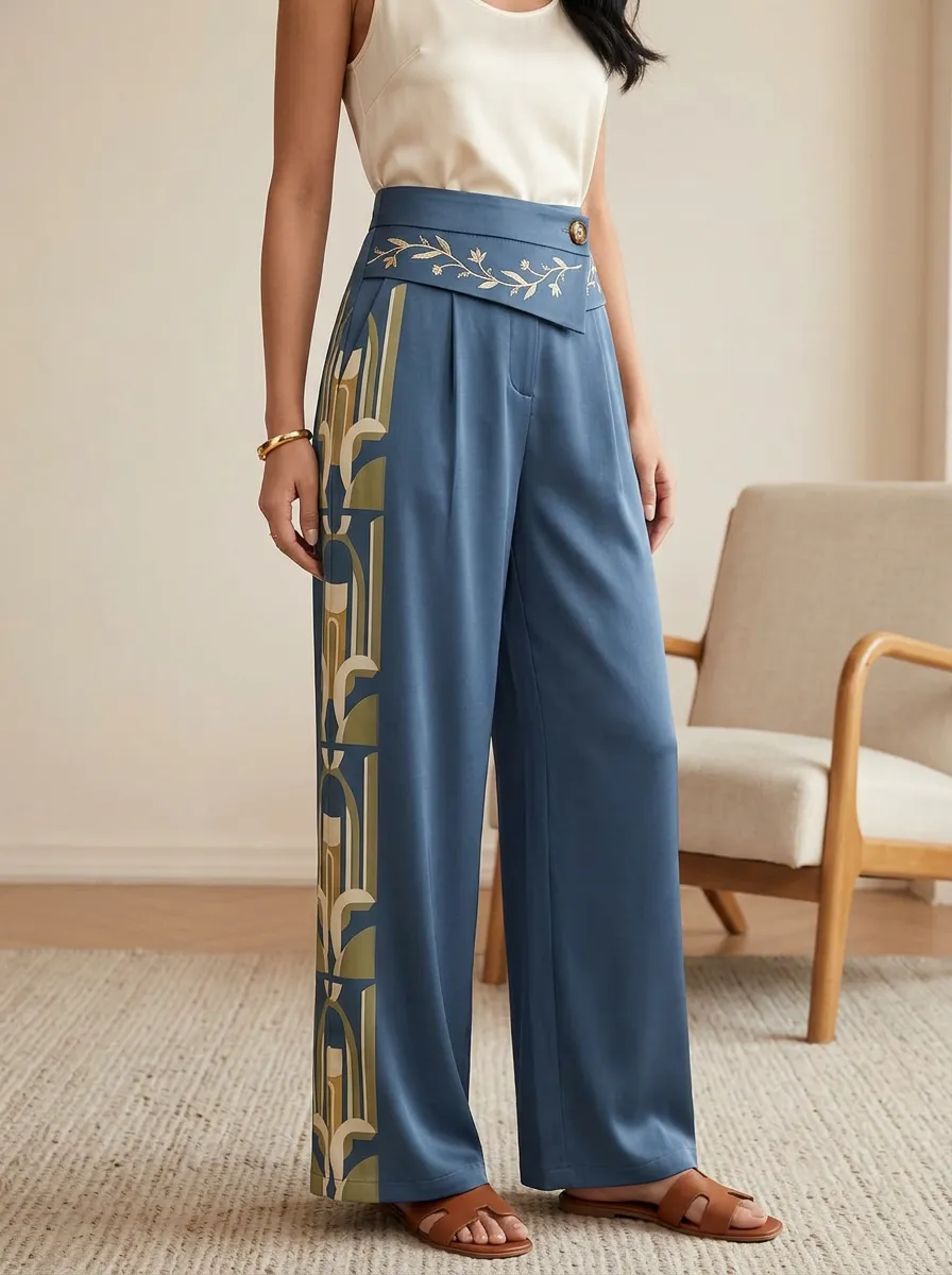 Women's Geometric Floral Embroidered High-Waisted Wide-Leg Pants