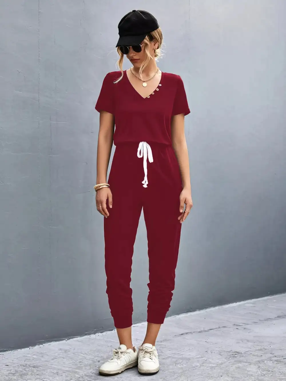 Casual V Neck Short Sleeve Drawstring Shorts