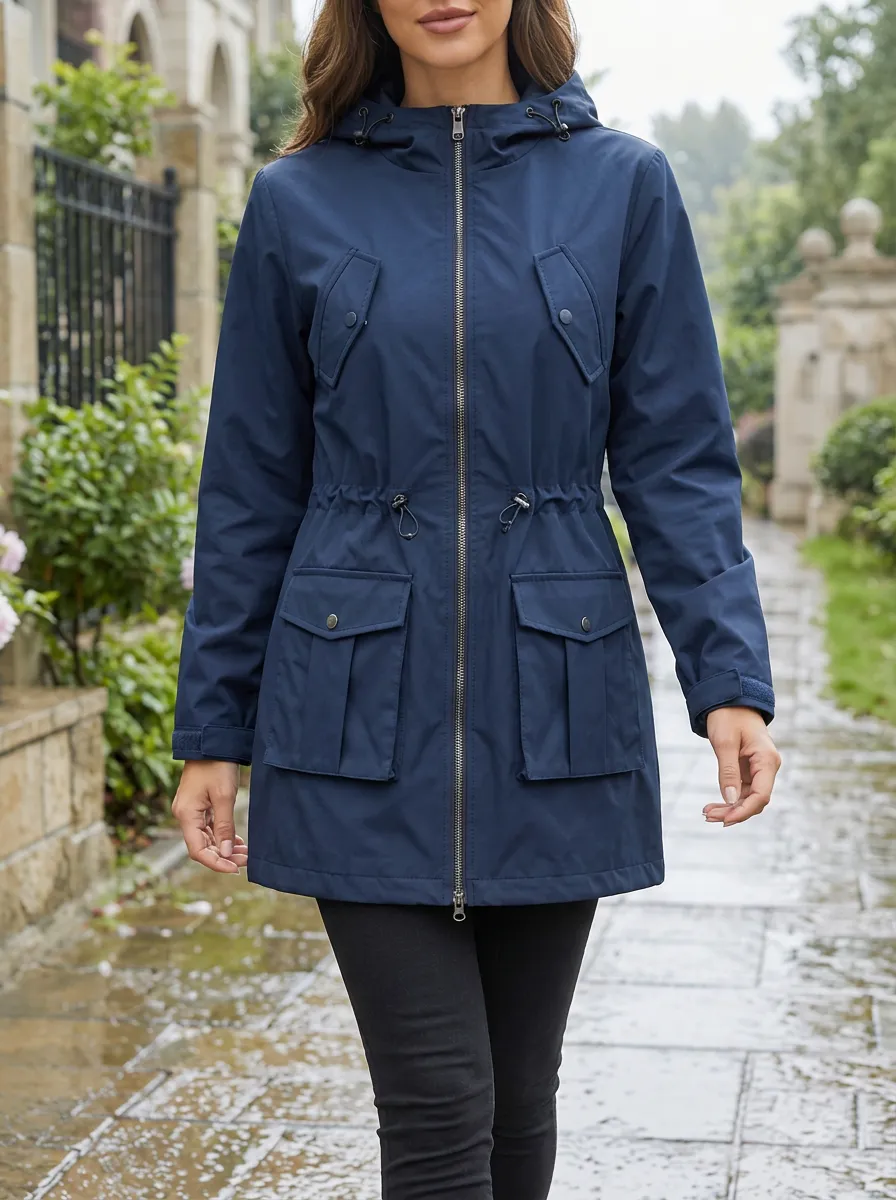 Women's Navy Blue Hooded Waterproof Utility Jacket