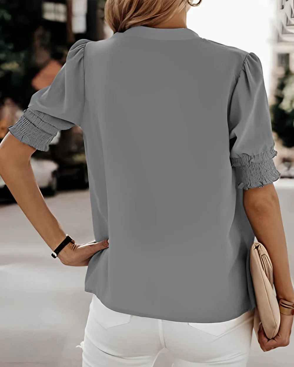  V Neck Smocked Sleeve Blouse