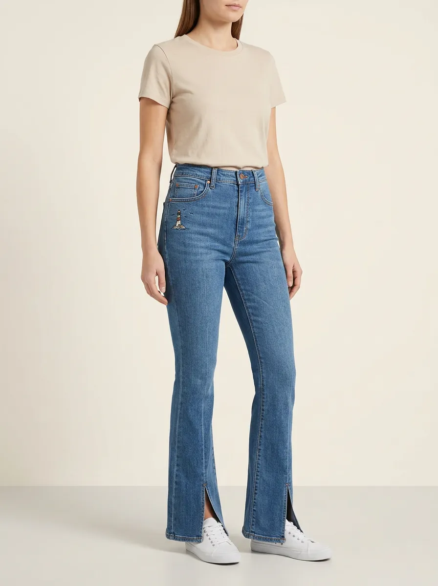 Women's Lighthouse Embroidered Front-Seam Split-Hem Flare Jeans