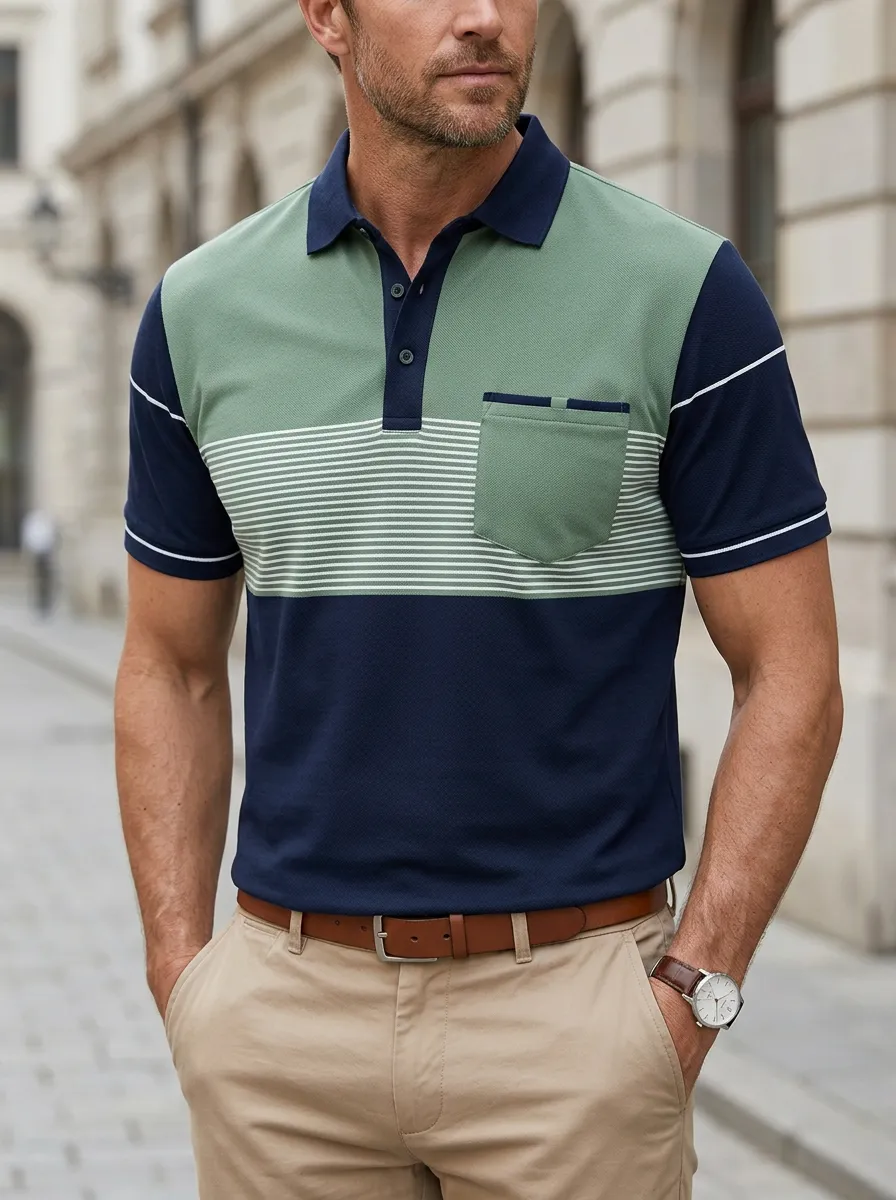 Men's Contemporary Colorblock Striped Pocket Polo Shirt