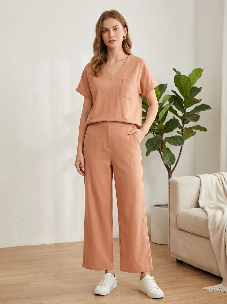 Pocket Short-Sleeve Minimalist Women's V-Neck Casual Lounge Set