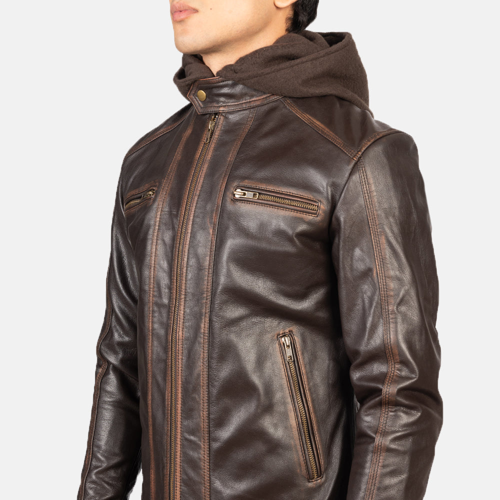 Men's Rugged Biker Hooded Leather Jacket