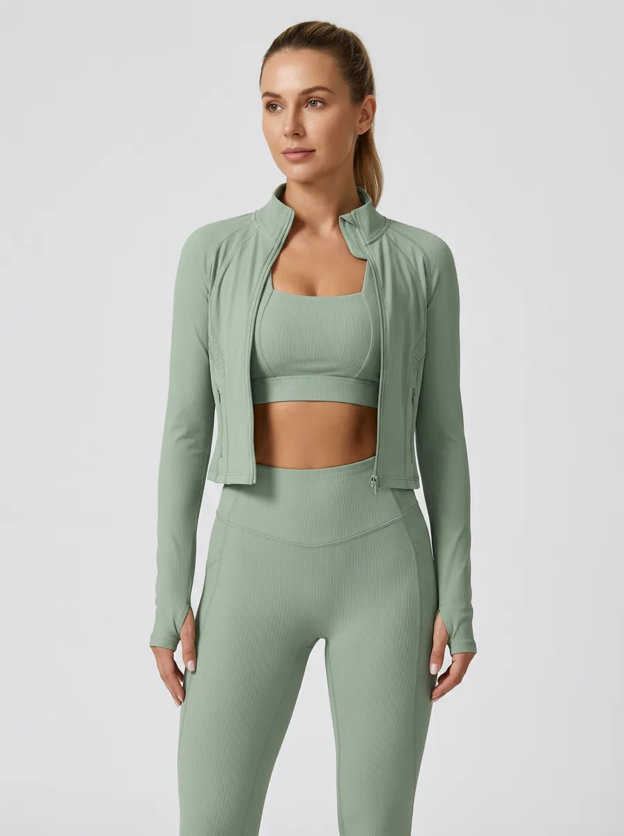Utility Ribbed Texture Seamless Design Style Women's Three Piece Activewear Set