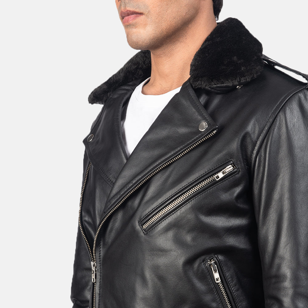 Men's Classic Biker Leather Fur Trim Jacket